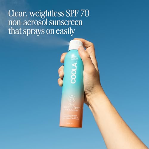COOLA Organic Sunscreen SPF 70 Sunblock Spray, Dermatologist Tested Skin Care for Daily Protection, Vegan and Gluten Free, Peach Blossom, 6 Fl Oz