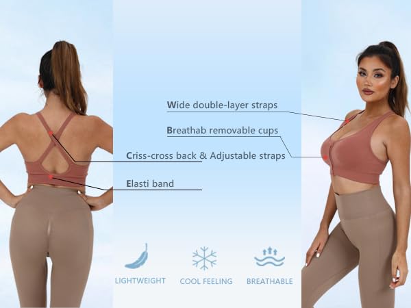 AKAMC Women's Zip Front Sport Bras,Adjustable Straps Padded Criss Cross Cropped Bras for Yoga Workout Fitness,X-Large