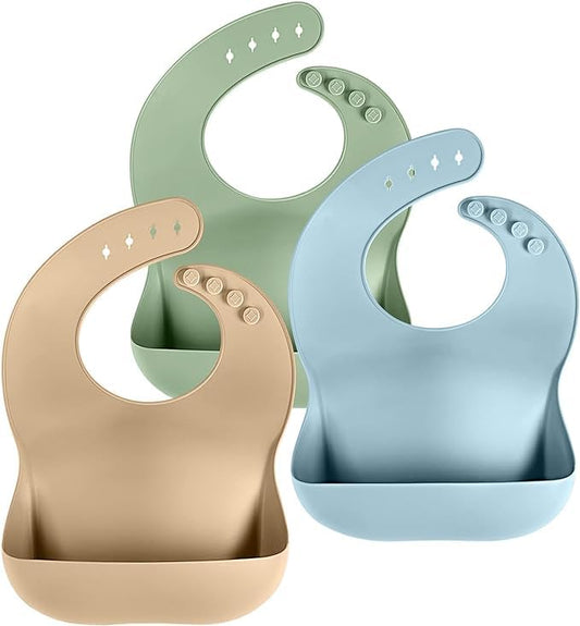 Cuddle Campus Set of 3 Silicone Bibs for Babies & Toddlers,Soft Adjustable Bibs with Pocket Food Catcher for Baby Girl,Boy(Set 1)