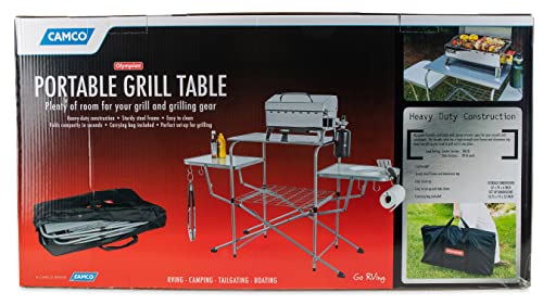 Camco Olympian Deluxe Portable Grill Table - Provides Plenty of Room for Grilling Gear While Camping - Folding Grilling Table Collapses for Compact Storage - Supports Up to 100lb (57293)