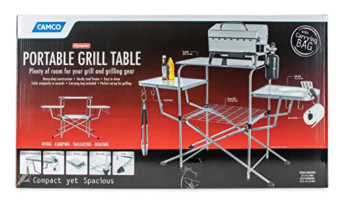 Camco Olympian Deluxe Portable Grill Table - Provides Plenty of Room for Grilling Gear While Camping - Folding Grilling Table Collapses for Compact Storage - Supports Up to 100lb (57293)