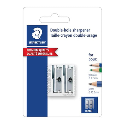 STAEDTLER Metal Double-Hole Pencil Sharpener - Precision 23° & 30° Angles for Standard & Colored Pencils - 3-Point Blade Design for Sharp Lines
