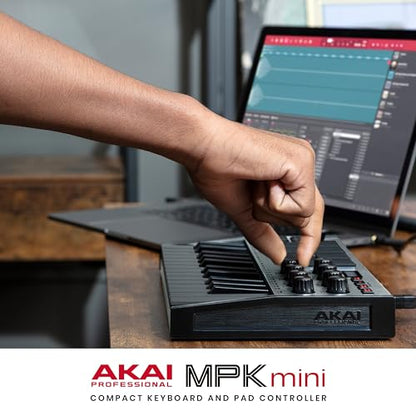 Akai Professional MPK Mini MK3 - 25 Key USB MIDI Keyboard Controller With 8 Backlit Drum Pads, 8 Knobs, Music Production Software and Native Instruments Sound Package (NKS Integration), Grey