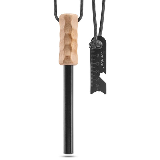 überleben Kräftig Pro Ferro Rod Fire Starter for Survival w/Multi-Tool Fire Striker - 1/2" Thick Fire Steel, 20,000 Strikes - Waterproof Flint and Steel Camping Fire Starter w/Wood Handle, Lanyard