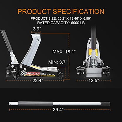 Torin T83505W BlackJack Hydraulic Low Profile Steel Racing Floor Jack with Single Piston Quick Lift Pump, 3 Ton (6,000 lb) Capacity, Black