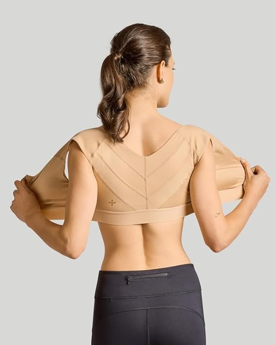 Tommie Copper Shoulder Support Compression Bra with Front Zipper Closure - Wireless Posture Corrector & Back Support Bra, Ideal for Gardening, Yoga, and Sports, UPF 50 - Nude, Medium
