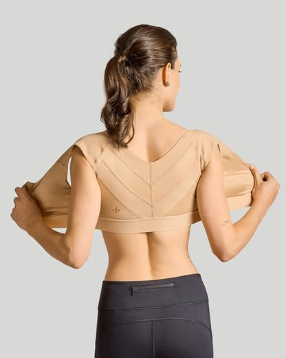 Tommie Copper Shoulder Support Compression Bra with Front Zipper Closure - Wireless Posture Corrector & Back Support Bra, Ideal for Gardening, Yoga, and Sports, UPF 50 - Nude, Medium