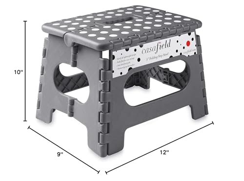 Casafield 9" Folding Step Stool with Handle, Gray - Portable Collapsible Small Plastic Foot Stool for Kids and Adults - Use in The Kitchen, Bathroom and Bedroom