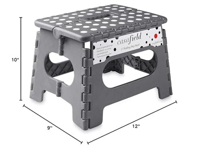 Casafield 9" Folding Step Stool with Handle, Gray - Portable Collapsible Small Plastic Foot Stool for Kids and Adults - Use in The Kitchen, Bathroom and Bedroom