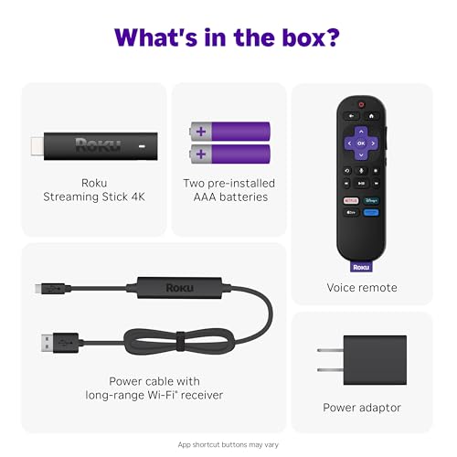 Roku Streaming Stick 4K - HDR & Dolby Vision Roku Streaming Device for TV with Voice Remote & Long-Range Wi-Fi - Free & Live TV