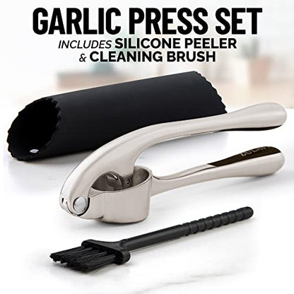 Zulay Kitchen Premium Garlic Press Set - Rust Proof & Dishwasher Safe Professional Garlic Mincer Tool - Easy-Squeeze, Easy-Clean with Soft, Ergonomic Handle - Silicone Garlic Peeler & Brush (Silver)