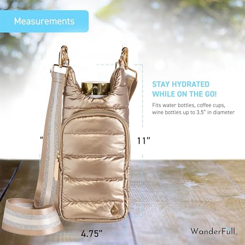 WanderFull® Original HydroBag® Fits Up to 32 oz Water Bottle Holder with Strap - Hands-Free Crossbody Water Bottle Carrier Bag with Phone Pocket - Light Gold