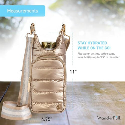 WanderFull® Original HydroBag® Fits Up to 32 oz Water Bottle Holder with Strap - Hands-Free Crossbody Water Bottle Carrier Bag with Phone Pocket - Light Gold