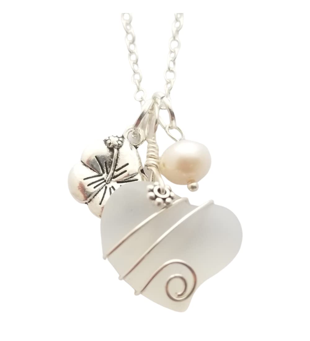 Yinahawaii Handmade Sea Glass Necklace, Wire Heart Necklace, Charm and Pearl Necklace, Sea Glass Jewelry Birthday Gift For Women (Moonstone - June)
