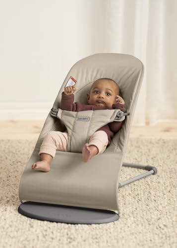 BabyBjörn Bouncer Balance Soft, Tri-Fabric, Sand Grey | 2-in-1 Adjustable Baby Bouncer Seat and Toddler Chair, Newborn to Toddler (8-29 lbs), 4 Positions, Lightweight & Portable