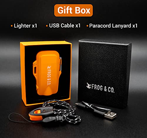 Survival Frog Tough Electric Lighter 2.0 - Waterproof & Windproof Lighters - Flameless Top-Facing Dual Arc Plasma, USB Rechargeable w/Built-in Flashlight, Camping, Survival Fire Starter (Orange)