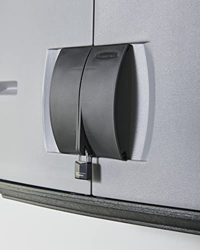 Rubbermaid Wall Mounted Storage Cabinet with Doors 150-Pound Capacity Gray Lockable Three-Shelf Cubbard for Tools/Car Accessories/Cleaning in Home/Garage/Outdoor Areas