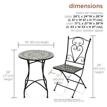 Alpine Corporation Indoor/Outdoor Marbled Glass Mosaic 3-Piece Bistro Set Folding Table and Chairs Patio Seating