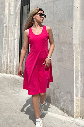 STYLEWORD Pink Dress for Women 2024 Summer Casual Crew Neck A Line Skater Party Holiday Dress Vacation Outfits(Rose,M)