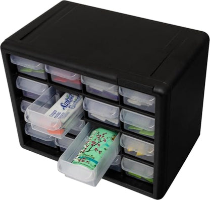 Akro-Mils 16-Drawer Plastic Drawer Storage Cabinet for Garage Organization, Beads, Makeup Organizer, Building Bricks Storage, Teacher Toolbox, 10-1/2-Inch W x 6-1/2-Inch D x 8-1/2-Inch H, 10116 Black