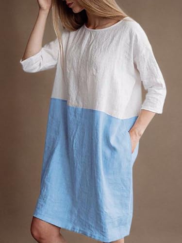Famulily Women's Oversized 3/4 Sleeve Two Tone Colors Loose Fit T Shirt Dress Sky Blue M