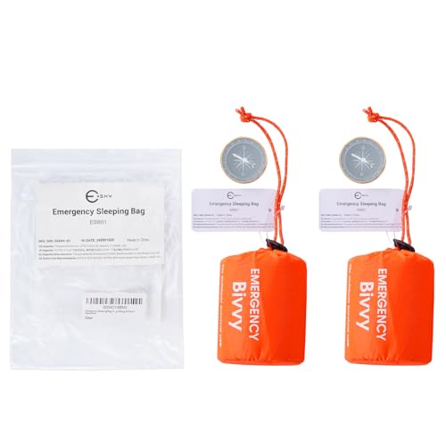Esky Emergency Sleeping Bag, 2 Pack Survival Bag Portable Thermal Bivy Sack, Waterproof Lightweight Emergency Blanket Survival Gear with Compass for Camping Hiking Outdoor Adventure