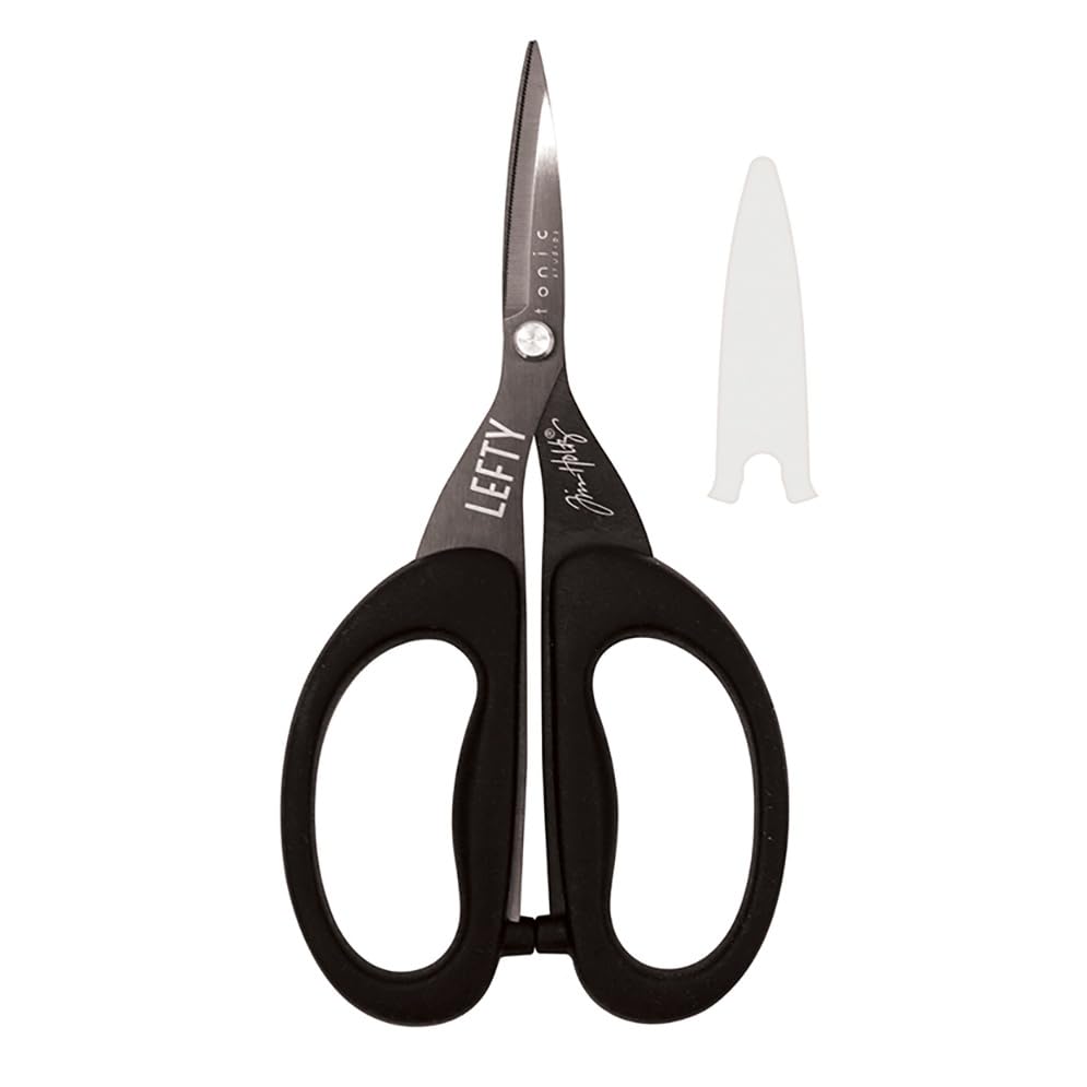 Tim Holtz Left Handed Scissors - 5 Inch Mini Snips with Micro Serrated Blade - Lefty Craft Tool for Cutting Paper, Fabric, and Sewing - Titanium with Black Comfort Grip Handles