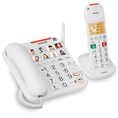 VTech SN5147 Amplified Corded/Cordless Senior Phone with Answering Machine, Call Blocking, 90dB Extra-Loud Visual Ringer, One-Touch Audio Assist on Handset up to 50dB, White