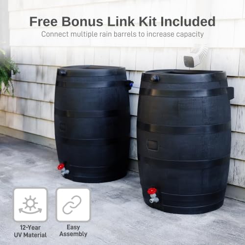 RTS Home Accents 50-Gallon ECO Rain Barrel Made with 100% Recycled Plastic, Flat Back Rain Water Collection Barrel, Stand and Link Kit Included, Black (2 Pack)