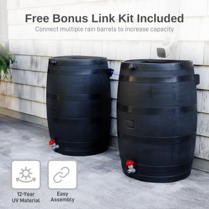 RTS Home Accents 50-Gallon ECO Rain Barrel Made with 100% Recycled Plastic, Flat Back Rain Water Collection Barrel, Stand and Link Kit Included, Black (2 Pack)