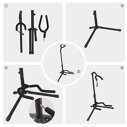 Amazon Basics Height Adjustable Foldable Guitar Stand with Secure Support for Acoustic, Electric, Bass and Banjos, Sturdy, Black