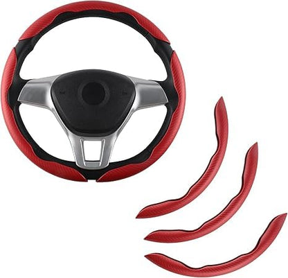 Amiss 3pcs Carbon Fiber Anti-Skid Steering Wheel Cover, Segmented & Butterfly Design, Universal 99% Car Wheel Cover Protector, Red