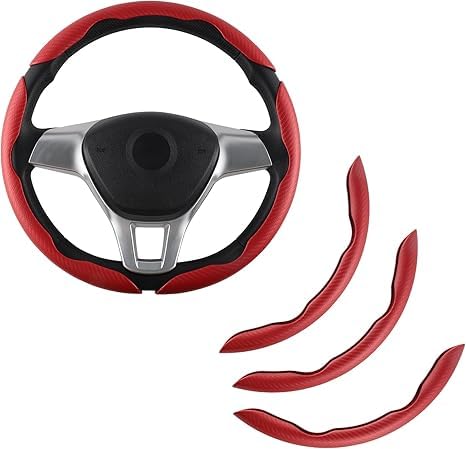 Amiss 3pcs Carbon Fiber Anti-Skid Steering Wheel Cover, Segmented & Butterfly Design, Universal 99% Car Wheel Cover Protector, Red