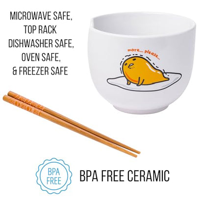 Silver Buffalo Sanrio Gudetama Lazy Egg Nissin Top Ramen Ceramic Ramen Bowl with Chopsticks | Microwave Safe Noodle Bowl, 20 Oz | Cute Gudetama Design | Perfect for Ramen & More