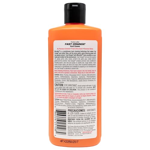 Fast Orange 25108 Pumice Lotion, Heavy Duty Hand Cleaner, Natural Citrus Scent, Waterless Cleaner For Mechanics, Strong Grease Fighter, 7.5 oz