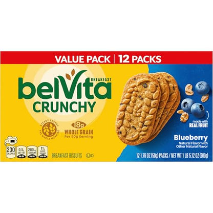 belVita Blueberry Breakfast Biscuits, Value Pack, School Snacks, 12 Packs (4 Biscuits Per Pack)