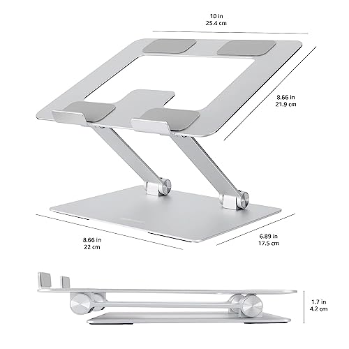 Amazon Basics Sturdy and Portable Ergonomic Laptop Stand for Desk, Adjustable Riser, Fits all Laptops and Notebooks up to 17.3 Inch, Silver, 10 x 8.7 x 6 in
