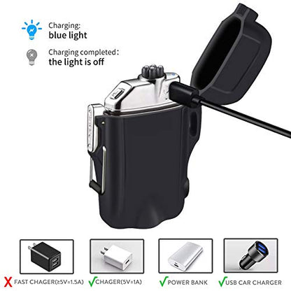 SUPRUS Waterproof 3 Modes of Flashlight Windproof Lighter Dual Arc Electric Rechargeable Dual Arc Plasma Lighters with Survival Emergency Whistle and Lanyard
