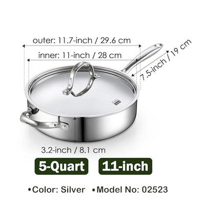 Cooks Standard Classic Stainless Steel Saute Pan 11-inch, 5 Quart Induction Cookware Deep Frying Pan Cooking Skillet with Lid, Stay-Cool Handle