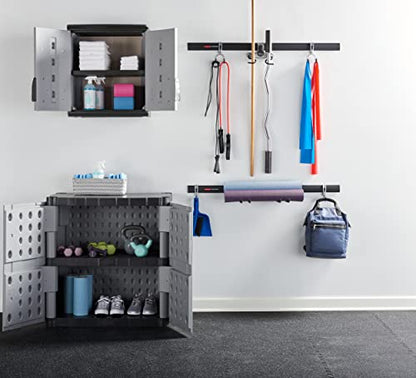 Rubbermaid Wall Mounted Storage Cabinet with Doors 150-Pound Capacity Gray Lockable Three-Shelf Cubbard for Tools/Car Accessories/Cleaning in Home/Garage/Outdoor Areas