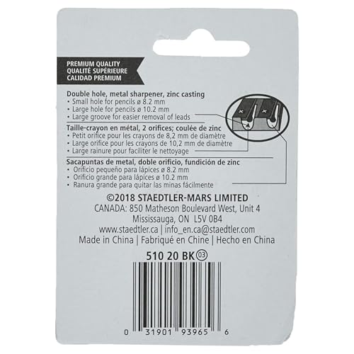 STAEDTLER Metal Double-Hole Pencil Sharpener - Precision 23° & 30° Angles for Standard & Colored Pencils - 3-Point Blade Design for Sharp Lines