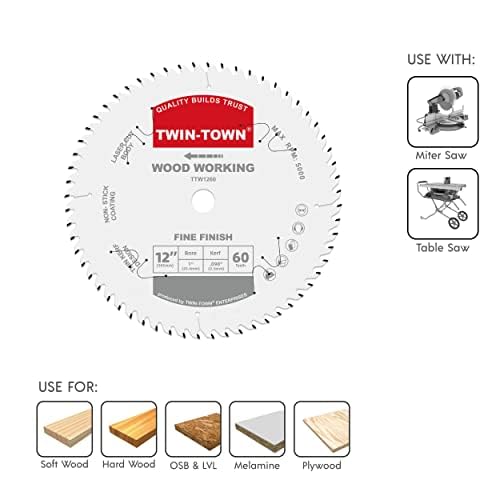 TWIN-TOWN 12-Inch 60-Tooth ATB Fine Finish Wood Cutting Circular Saw Blade, 1 Inch Arbor, Compatible with Table and Miter Saws, Premium Quality Woodworking Saw Blade