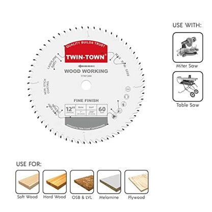 TWIN-TOWN 12-Inch 60-Tooth ATB Fine Finish Wood Cutting Circular Saw Blade, 1 Inch Arbor, Compatible with Table and Miter Saws, Premium Quality Woodworking Saw Blade