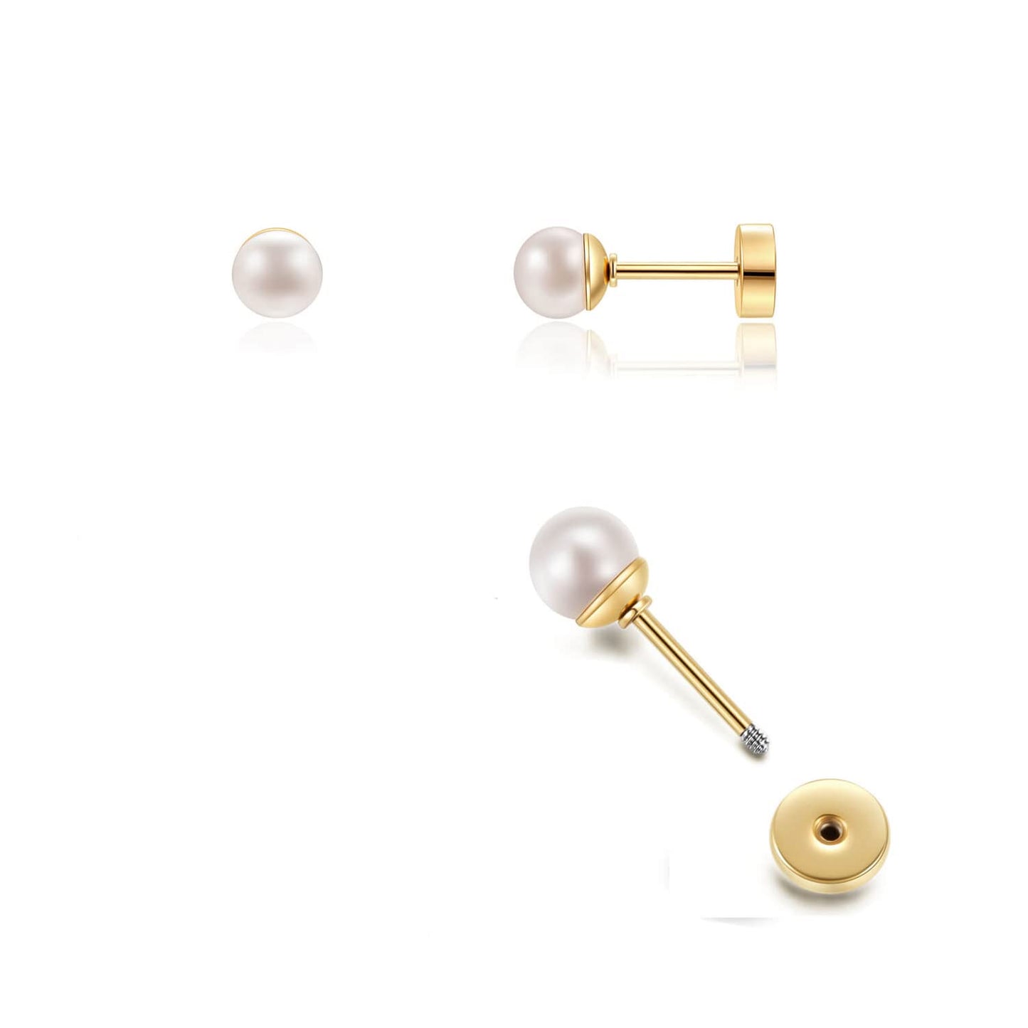 Tiny Pearl Screw Back Stud Earrings for Women,Safety Flatback Pearl Cartilage Helix Earrings 316L Surgical Stainess Steel Jewelry Gift For Toddlers Hypoallergenic(4mm Pearl, Gold)