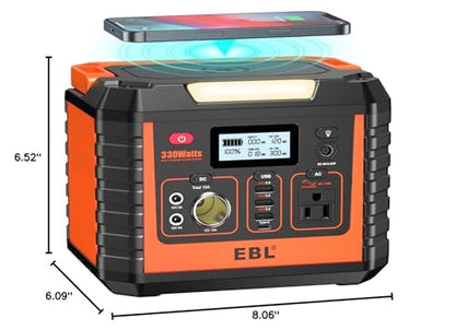 EBL Portable Power Station 300, 110V/330W Pure Sine Wave Solar Generator (Solar Panel Not Included) - Surge 600W Backup Lithium Batteries AC Outlet for Blackout Outdoors Camping Hunting Travel