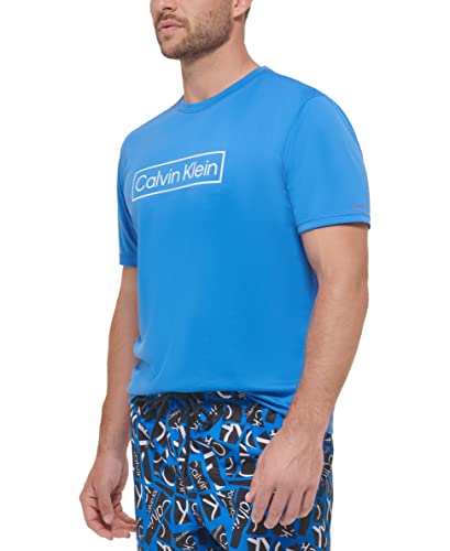 Calvin Klein Men's Standard Light Weight Quick Dry Short Sleeve 40+ UPF Protection Active Top, Blue Logo, Medium