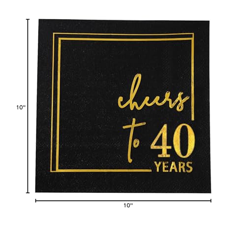 Cheers to Years Cocktail Napkins - 50PK - 3-Ply Birthday Napkins 5x5 Inches Disposable Party Napkins Paper Beverage Napkins for Birthday Decorations Wedding Anniversary Black and Gold (40 Years)