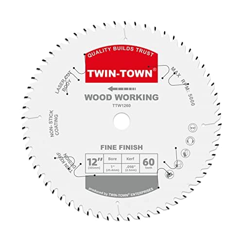 TWIN-TOWN 12-Inch 60-Tooth ATB Fine Finish Wood Cutting Circular Saw Blade, 1 Inch Arbor, Compatible with Table and Miter Saws, Premium Quality Woodworking Saw Blade