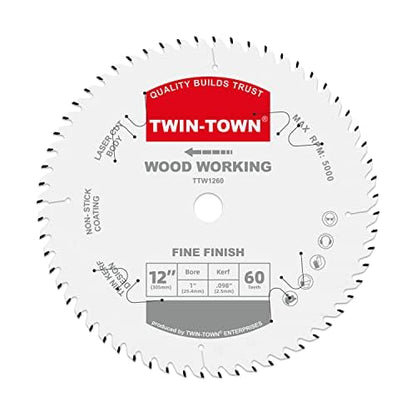 TWIN-TOWN 12-Inch 60-Tooth ATB Fine Finish Wood Cutting Circular Saw Blade, 1 Inch Arbor, Compatible with Table and Miter Saws, Premium Quality Woodworking Saw Blade