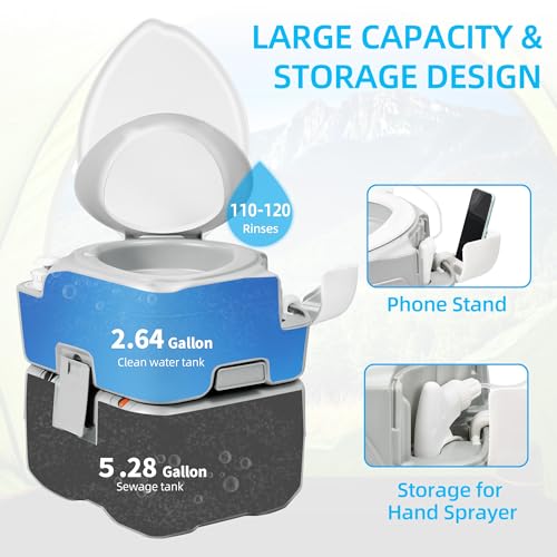 YITAHOME Portable Toilet Camping Porta Potty with Diagonal Enlargerd Bowl, Hand Sprayer, 5.28 Gal Leak-Proof Outdoor Toilet with Level Indicator, Carry Bag for Adults, RV Travel, Boat and Trips